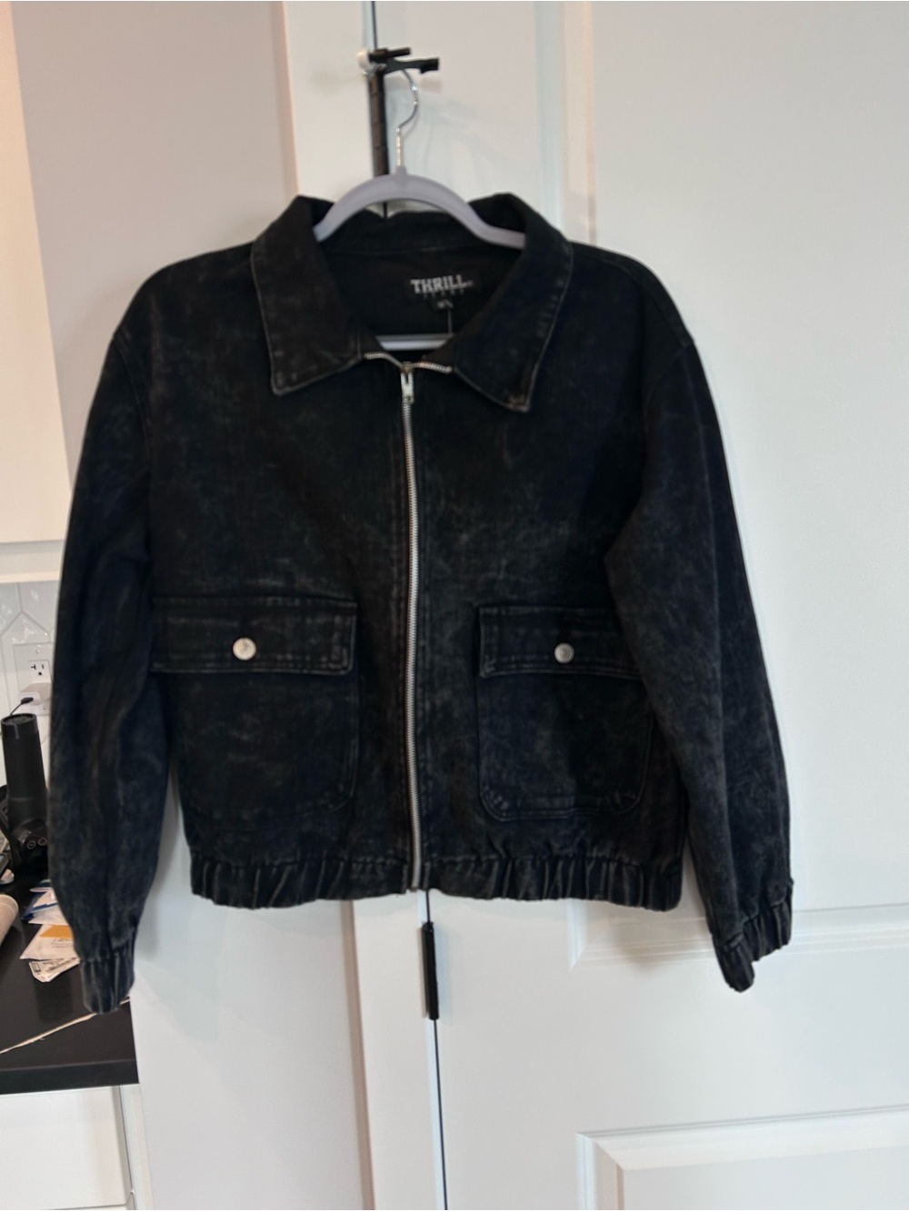 NWT Thrill Jeans Denim Jacket Washed Black Zip-Up Collared Grunge Streetwear